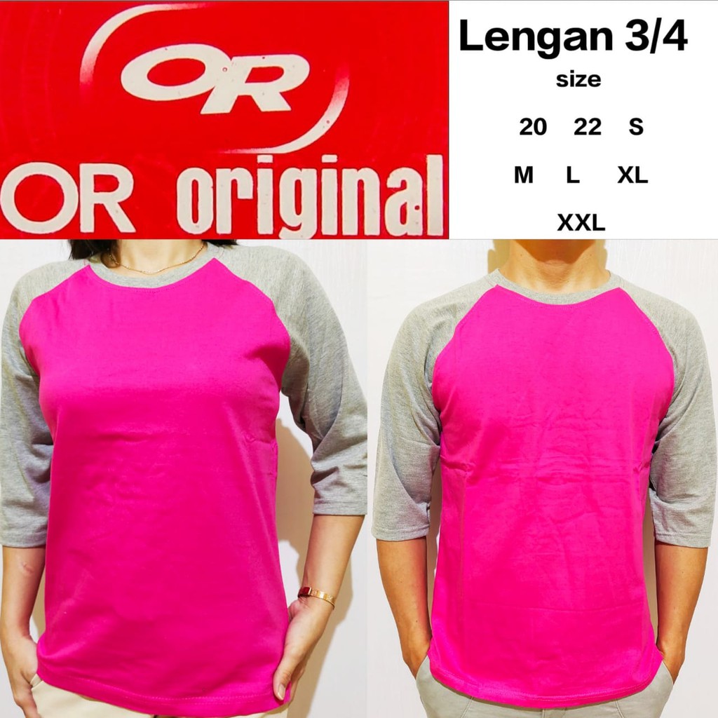 kaos polos reglan pink lengan abu misty 3/4 20 22 S M L XL XXL
