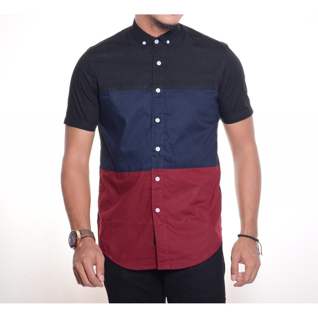 Credomenstore Kemeja  Pria  Polos  Kombinasi  Maroon Navy 