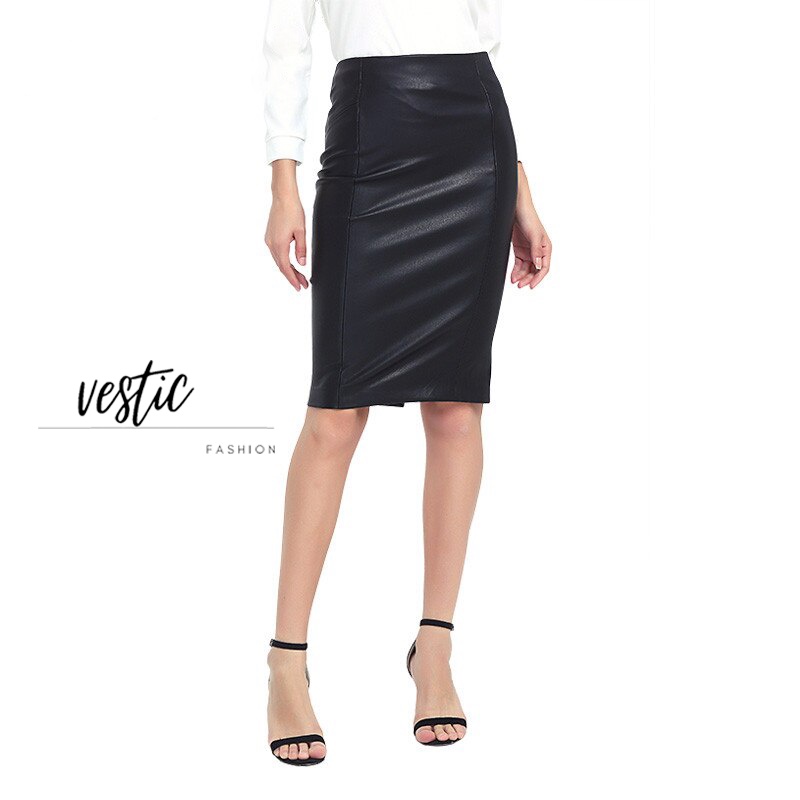 ROK SPAN MIDI BAHAN KULIT HITAM