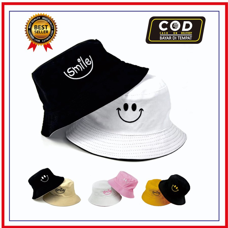 Topi Bucket Bolak Balik Smile// Best Quality Bordir// Bisa(COD) Bayar Ditempat.