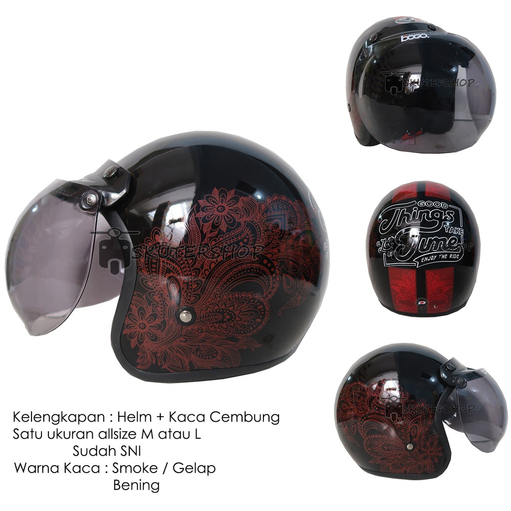 Helm Bogo Retro Klasik Andriawanhs JPN Batik Etnik Mandala Hitam Glossy Motif Merah + Kaca Bogo Ori