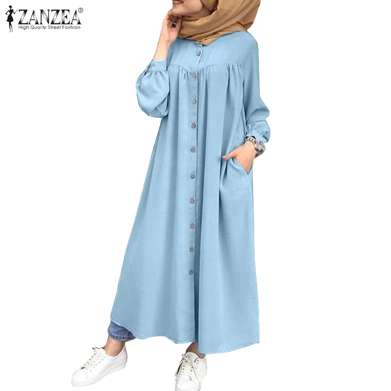 ZANZEA Women Lantern Sleeve Buttons Muslim Loose Casual Maxi Dress