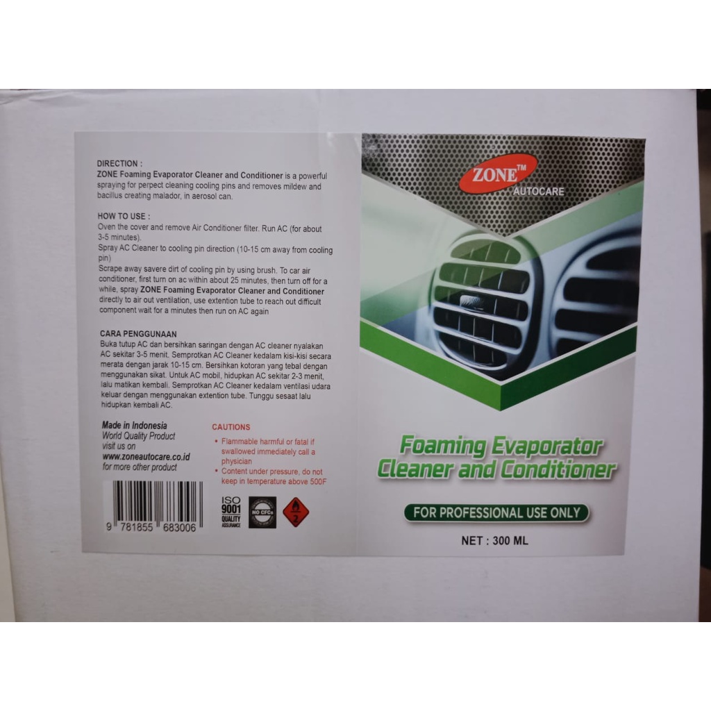 Pembersih AC Mobil ZONE Foaming Evaporator Cleaner Conditioner 300 ml Penyegar ac  penghilang bau Apek AC Mobil