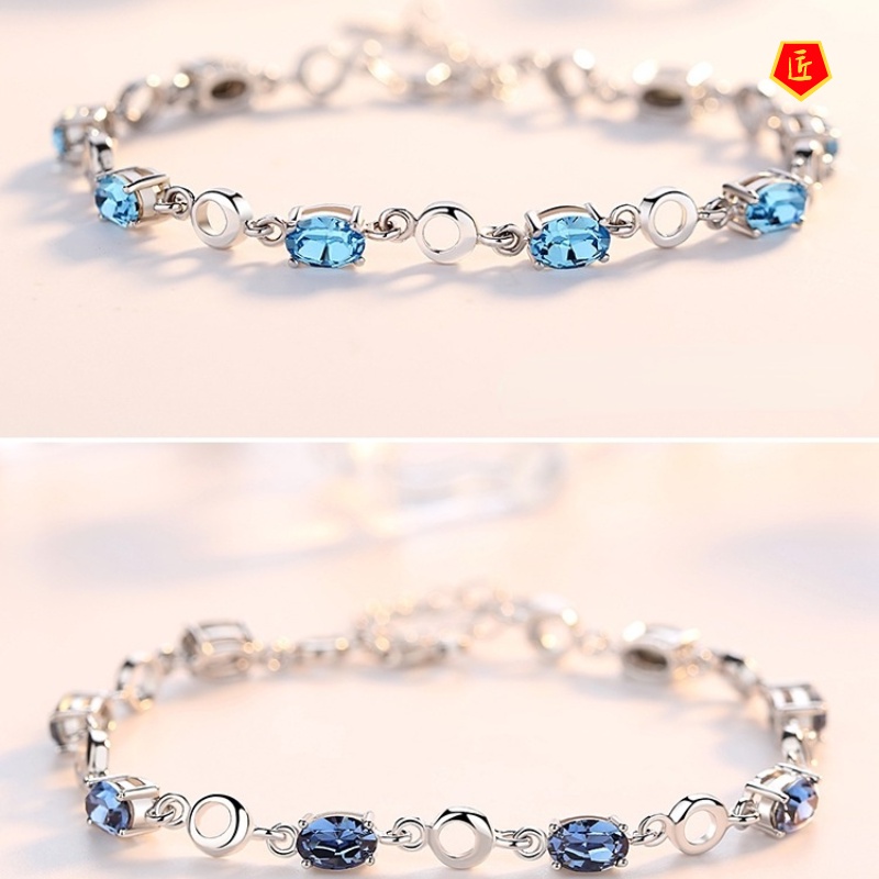 [Ready Stock]Inlaid Sea Blue Topaz S925 Silver Bracelet Female