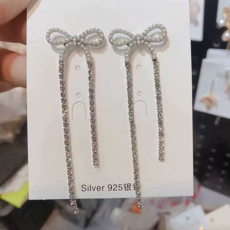 AN483 Anting Pita Panjang Silver Fashion Wanita anting tusuk kekinian model pita mutiara kecil desai