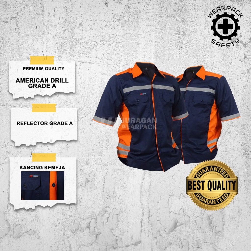 Wearpack Kerja / Baju Wearpack Safety Lengan Pendek Warna Orange Kombinasi Biru Navy