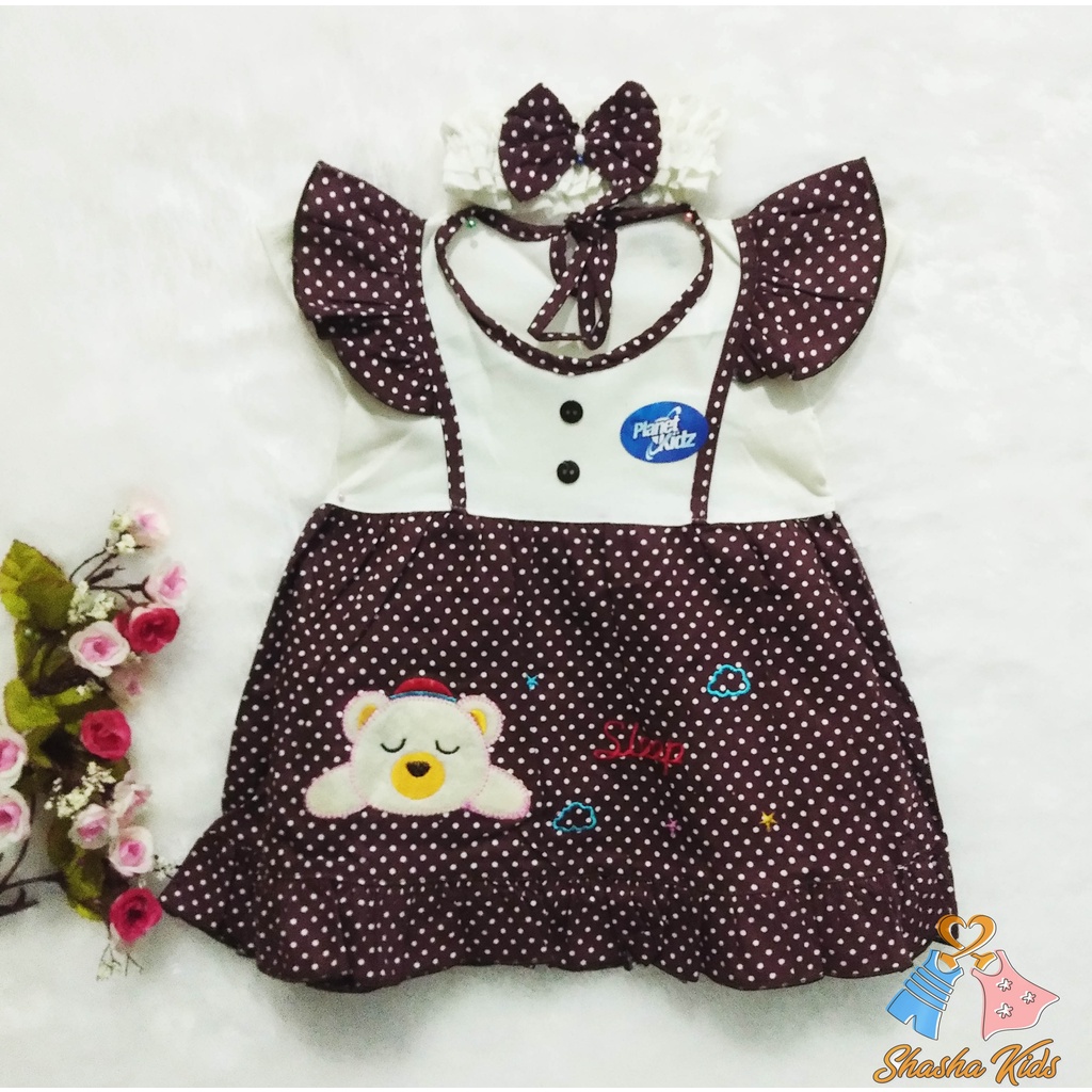 [S-10] Baju Bayi Perempuan /Dress Bayi  Perempuan Planet Kids motif polkadot murah 0-6 bln + Bonus Bandana