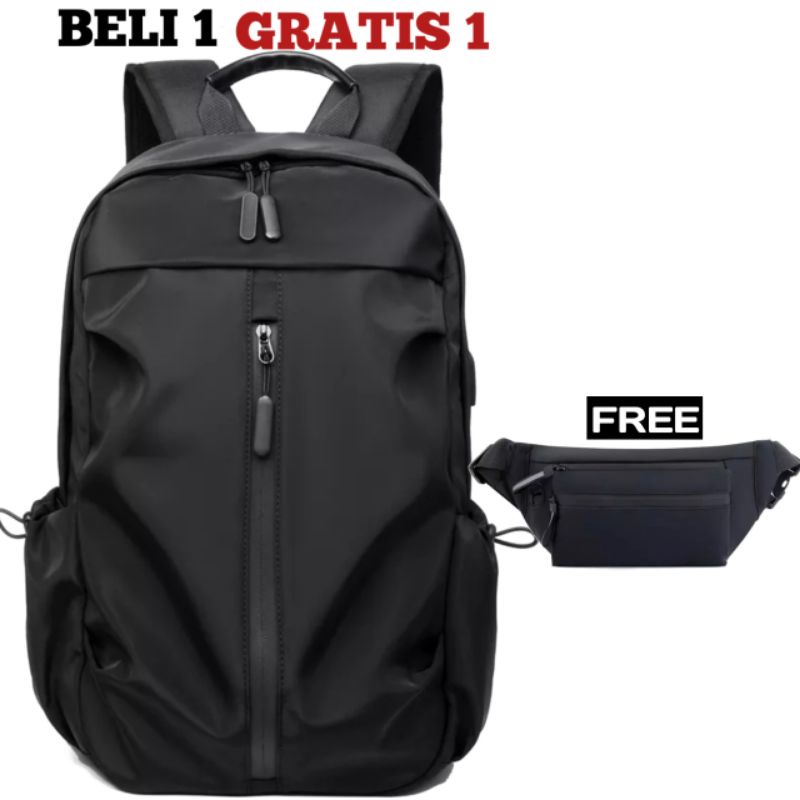 JS_BUY 1 GET 1 - Tas Ransel Pria Beli Ransel Punggung Backpack Cowok Free Waistbag