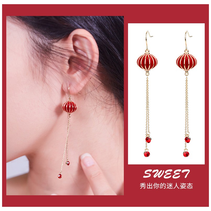 Anting Rumbai Panjang Bentuk Lentera Gaya Retro China Korea