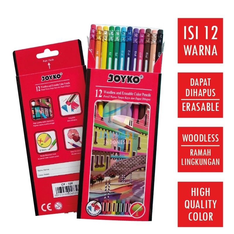 

(bisa cod) PENSIL WARNA PANJANG BISA DIHAPUS ISI 12 JOYKO DAPAT HAPUS