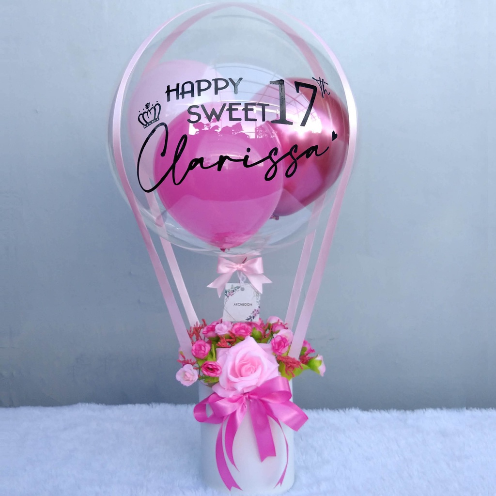 

Buket Balon Udara Bunga Putih Pink Ungu dengan Stiker Ucapan Custom bisa tambah LED - Hot Air Balloon Bouquet Flower Hampers - Ready Makassar