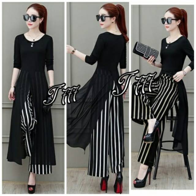 Stelan tari stripe fj / pakaian wanita import set tunik dan celana panjang kulot