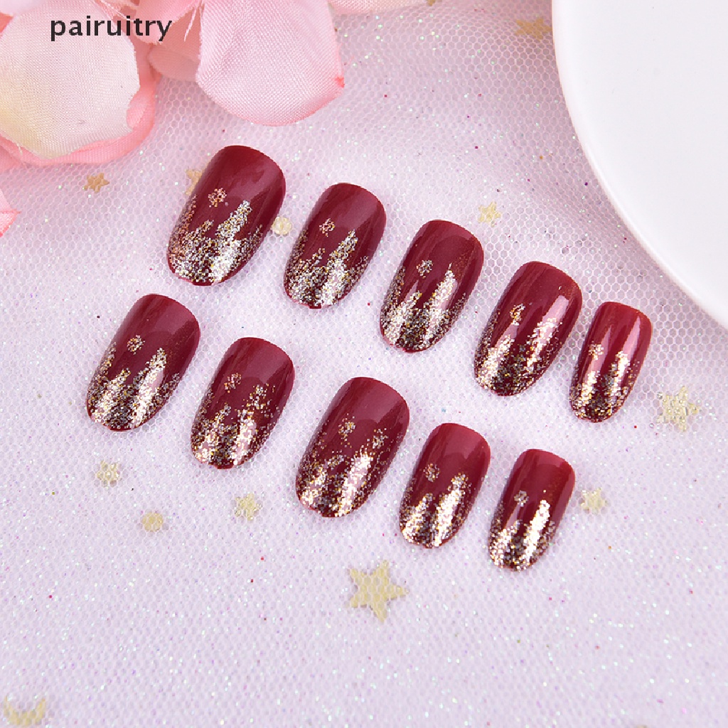 Prt 24Pcs / Set Kuku Palsu Aksen Berlian Imitasi + Lem Untuk Nail Art / Manicure / Pernikahan