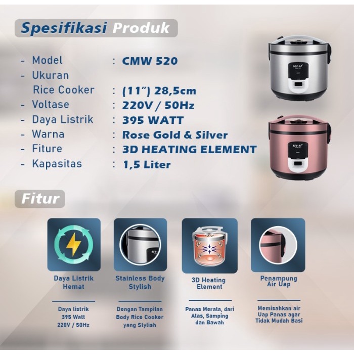 SEKAI Rice Cooker 3in1 CMW 520 Penanak Nasi CMW520 Stainless 1,8 Lt - Silver