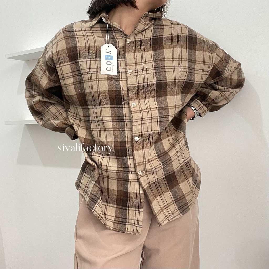 SIVALI Kemeja Flanel Blouse Kotak Tartan - Kotak Baju Korean Style Wanita Kemeja Wanita Casual