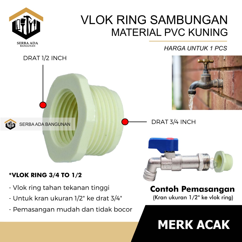 VLOK FLOCK FLOK RING 3/4&quot; KE 1/2&quot; PVC BABET KUNINGAN ASLI / SAMBUNGAN PIPA DRAT KRAN EKONOMIS KUAT