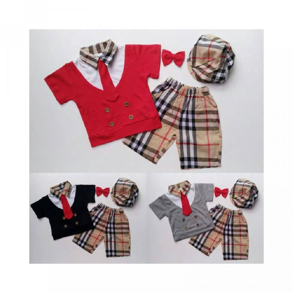 Baju Setelan Anak Bayi Laki Cowok - Burberry Coklat Golf Dasi Topi Pet