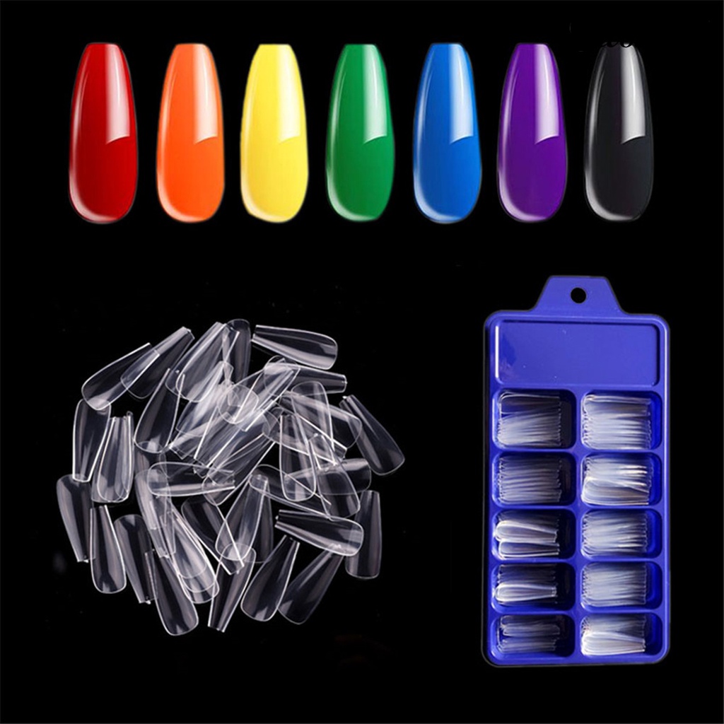 Twowood 100Pcs / Set Kuku Palsu Panjang Efek Tembus Cahaya Untuk Manicure / Nail Art DIY