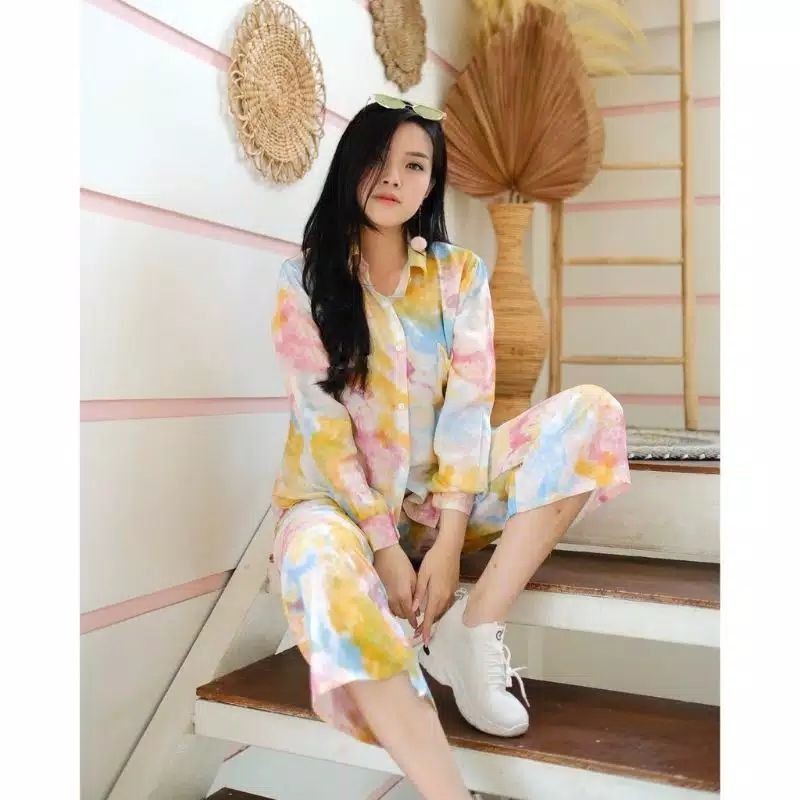 MEJIKU ONE SET | SETELAN WANITA MOTIF TIE DYE PELANGI | SET LOLLIPOP