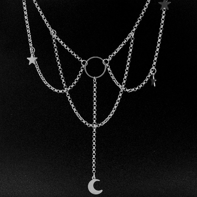 Kalung Choker Desain Bulan Bintang Lingkaran Warna Silver Gaya Gothic Punk Rock Untuk Wanita