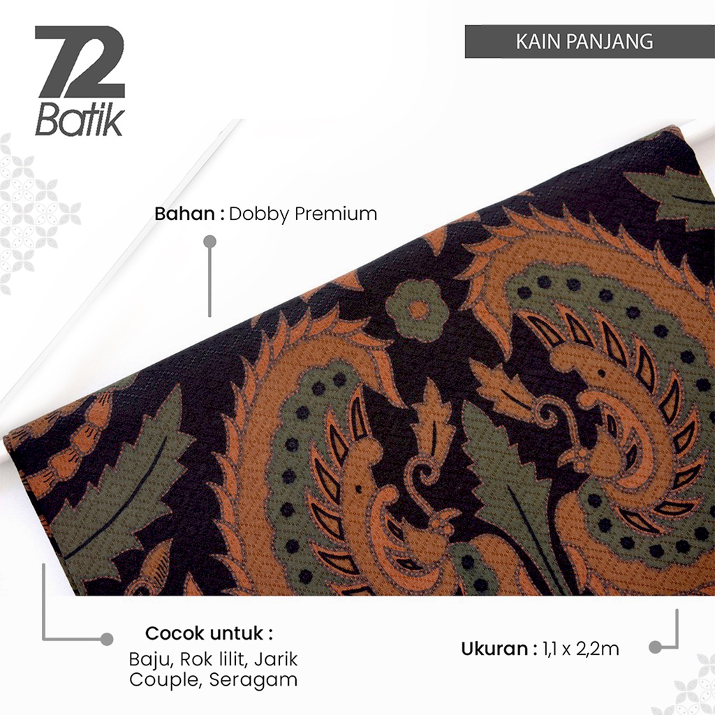 KAIN BATIK PREMIUM Bahan Dobby Dobi Dobbi Dolbi Motif Burung Warna Hijau Orange Hitam 728987 CAP 72 - Jarik Jarit Samping Kebat Panjang Batik Dobby Modern Premium Bahan Seragam Batik Pernikahan Kantor Keluarga Murah Kamen Jadi Batik Bali Lembaran