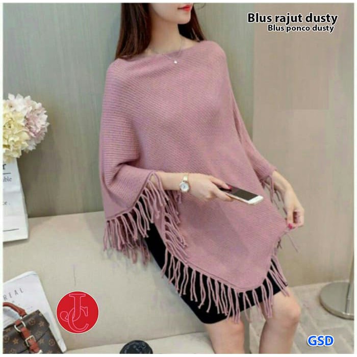 Blus Wanita Model Hollow Out Lengan Panjang Dengan Kerah V-Neck 4095MG Blus Rajut Dusty/Blus Ponco