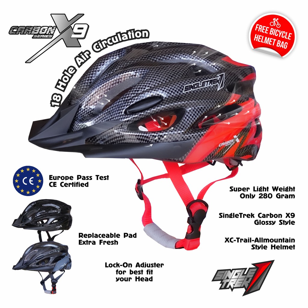 Helm sepeda SingleTrek CarbonX Plain Color MTB Roadbike Seli Lipat Red X9