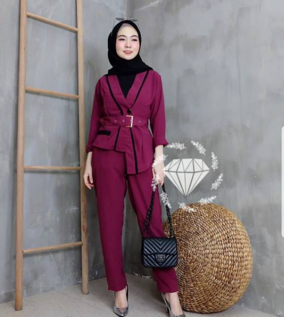 SET BLAZER OLIVER KR ADA VIDEO REAL PICT FASHION PAKAIAN WANITA ATASAN OUTER CARDI DAN CELANA