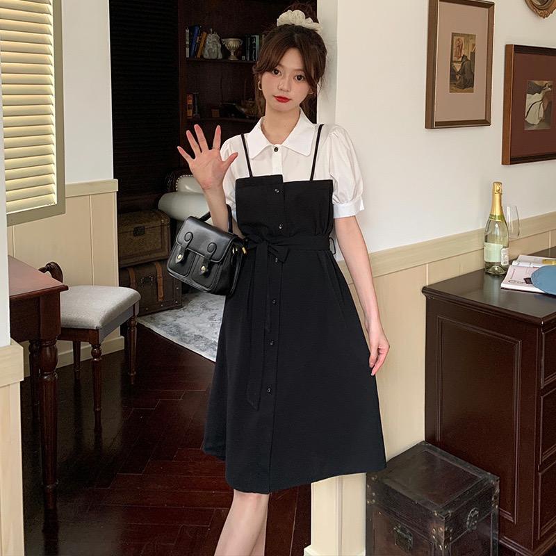 [littlecrab] Dress Oversize Kasual Fake 2 Set Fake Collar Berkualitas Dress Kemeja Berkerah Hitam Putih Dress Panjang Lengan Pendek Simple Elegan High Quality Dress Korean Style