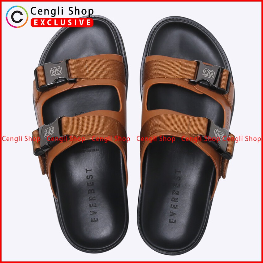 SANDAL KULIT EVERBEST PRIA ORIGINAL SLIDE CASUAL BRANDED COKLAT EM03