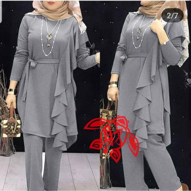 COD SETELAN WANITA NAURA /SETELAN TUNIK JUMBO /ONE SET POLOS/ SETELAN NUMBO / FASHION MUSLIM LAYER-abu