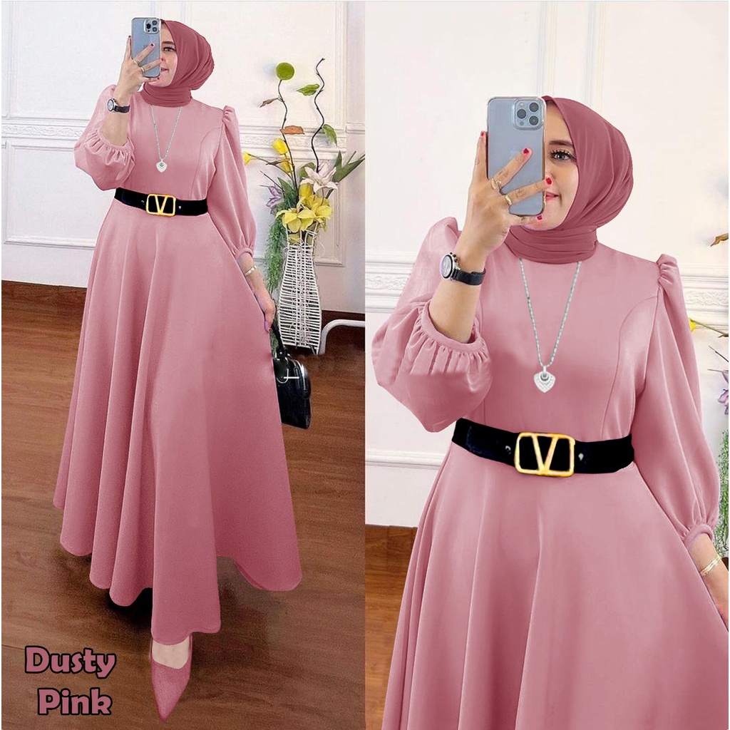 HOPYLOVY Gamis Wanita Maxi Dress Safira Bahan Scuba Premium FREE Belt V