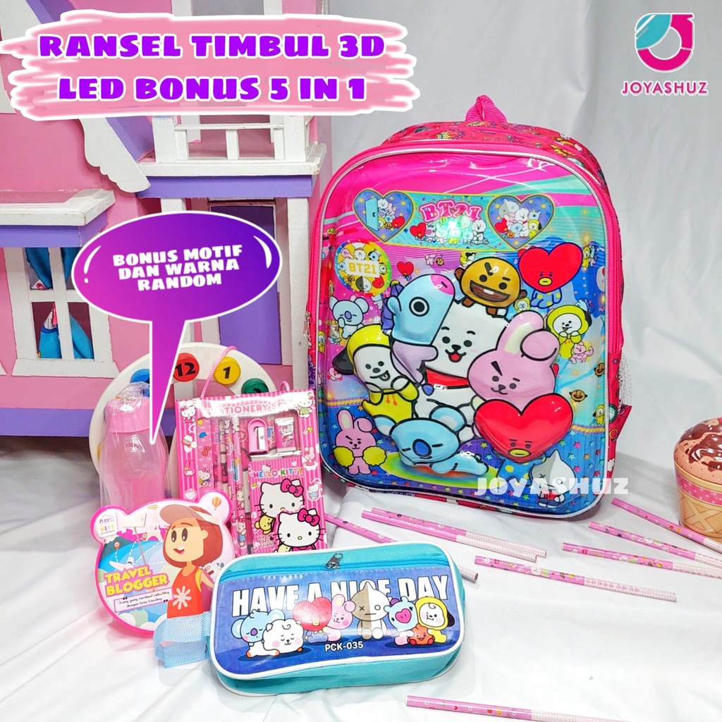 Tas Anak Perempuan Ransel BT 3D LED Anak SD Berbonus - Ransel  Timbul LED - Tas Sekolah Anak SD Karakter - Tas  Anak Perempuan SD Gratis Botol Dan Misting - Tas Sekolah Anak Perempuan Karakter Lucu - Joyashuz