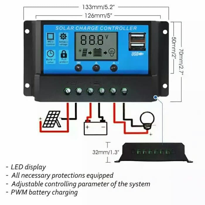 SCC 10A LCD PWM Solar Panel Charge Controller With Dual USB 5V