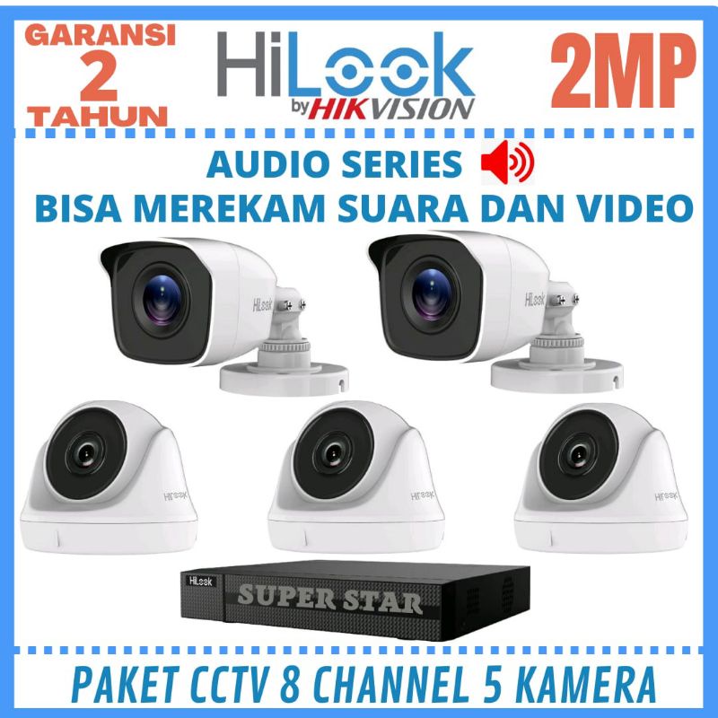 PAKET CCTV HILOOK 8 CHANNEL 5 KAMERA 2MP AUDIO SERIES BISA MEREKAM SUARA DAN VIDEO  KOMPLIT BISA ONLINE DI HP