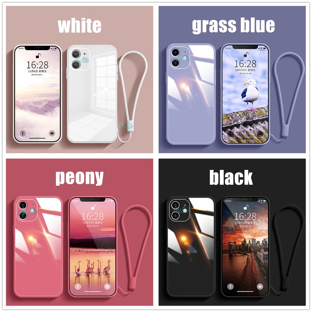 【Free Lanyard】Macaron Casing iPhone 13 pro max 11 12 Pro MAX XS MAX XR X Tempered Glass Case Square Silicone back cover