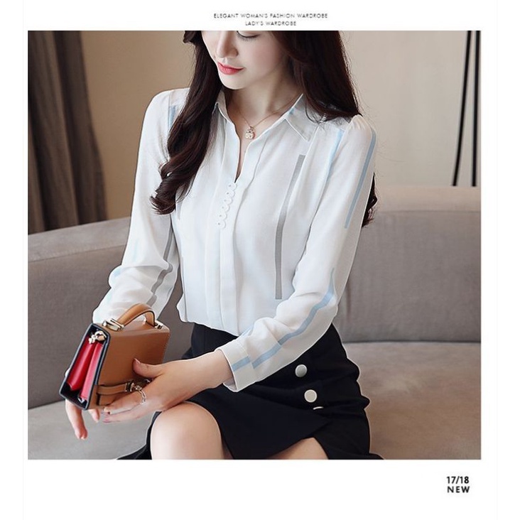 #Kemeja Bluse Wanita motif garis Stripe Lengan Panjang best seller
