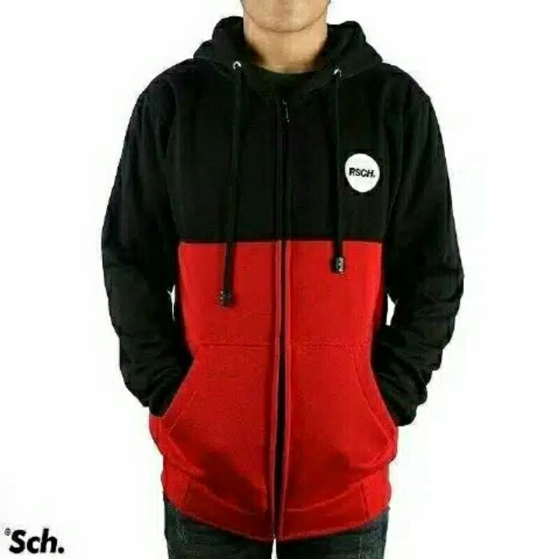 jaket combi merah hitam