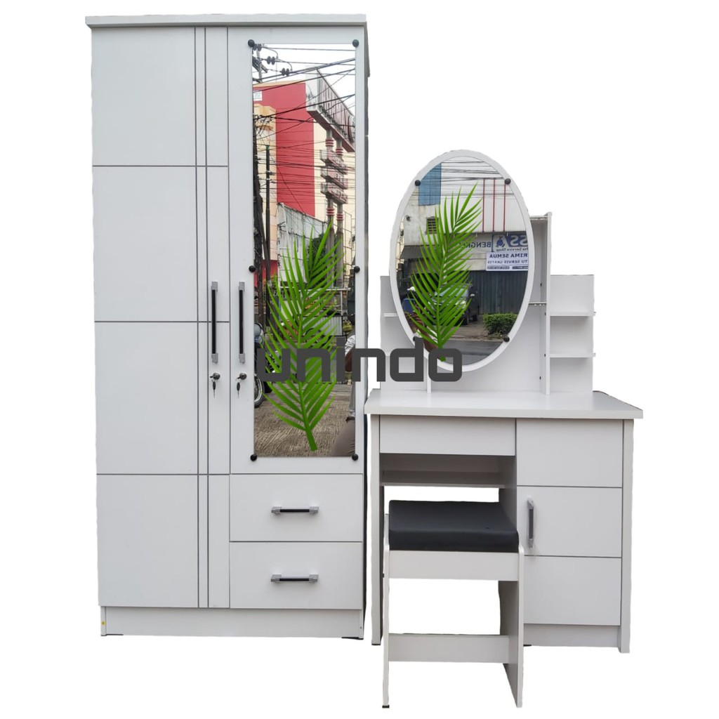 PAKET LEMARI 2 PINTU PUTIH + MEJA RIAS