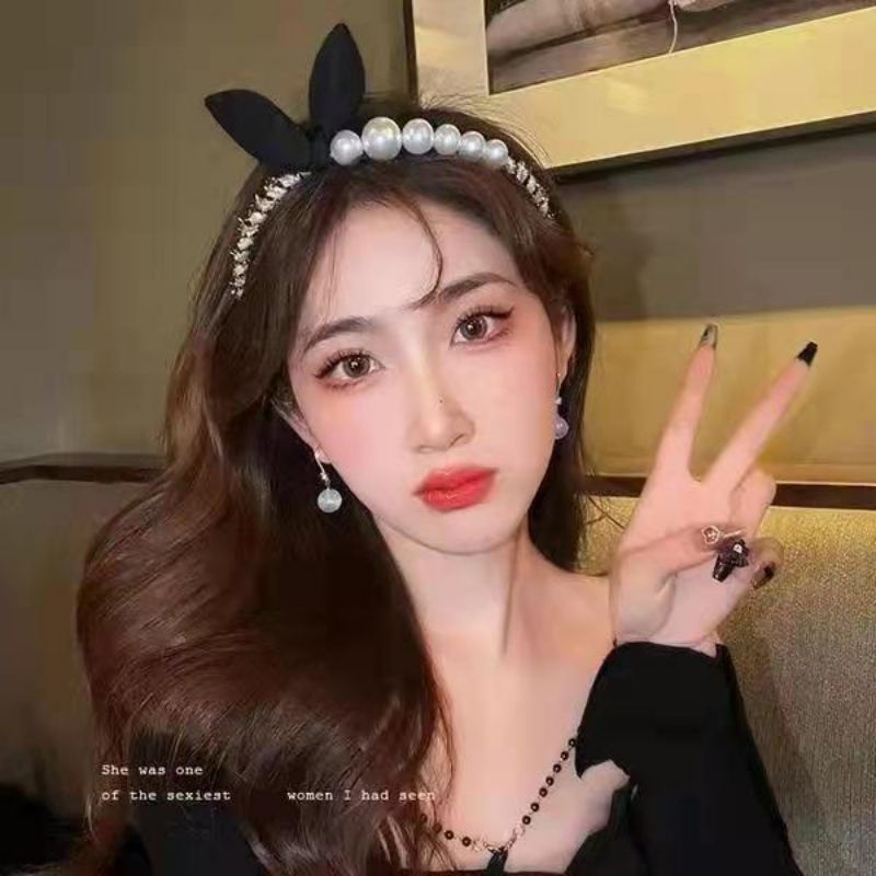 FerenHongXia Bando Bandana Korea Wanita Mutiara Motif Pita Hitam Joseph