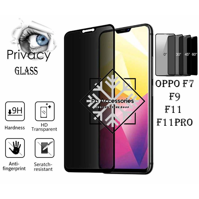 FA Tempered Glass Privacy Anti Spy Full Glue Oppo f7 f9 F9PRO f11 f11pro pro GORES INTIP