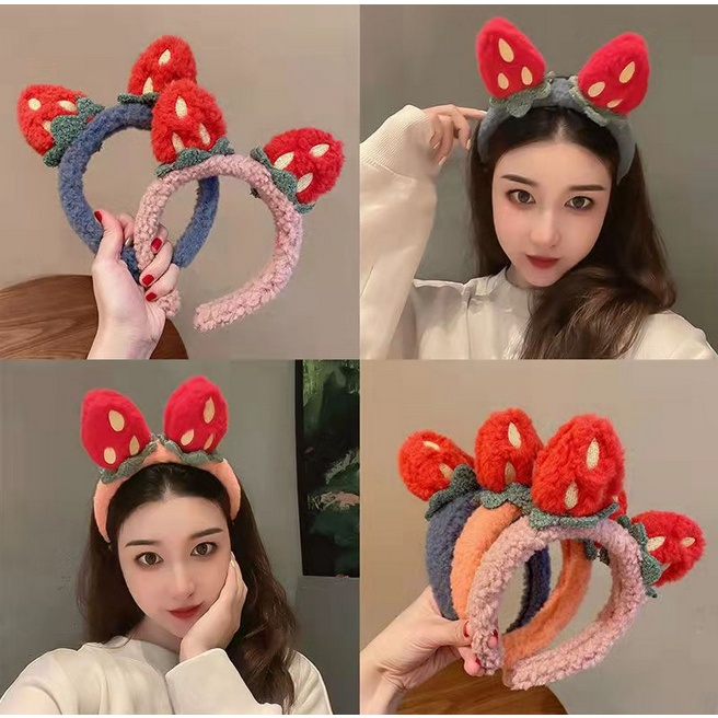 Bando Korea Perempuan Dewasa Motif Strawberry Bahan Bulu Aksesoris Hiasan Rambut Bandana AK168