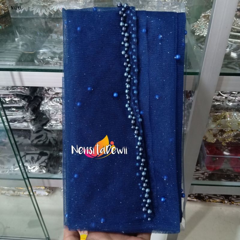 KERUDUNG PENGANTIN / VEIL MUTIARA MOTIF AKAR / VEIL MUTIARA POLOS / VEIL PENGANTIN-Navy (Polos)