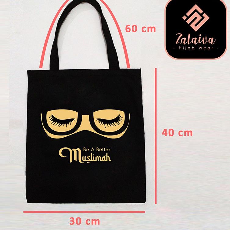 ZALAIVA Tas Totebag Muslimah Semi Canvas Motif Niqab Cadar / Perekat dan Resleting {SGI.11Fe22p}