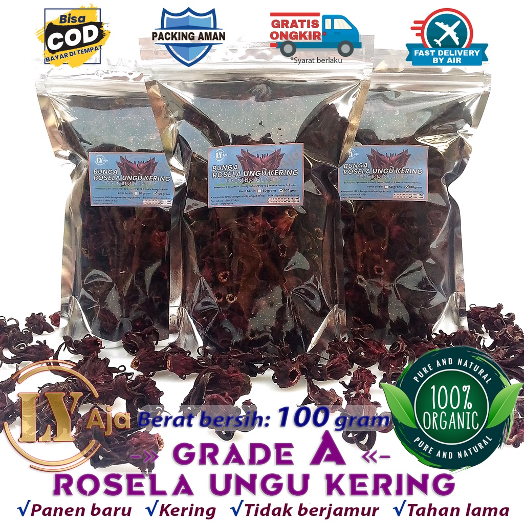 Teh Bunga Rosela UNGU Kering 100 Gram Rosella Roselle Grade A Premium LY Aja 100 Gr Herbal Diet Pelangsing