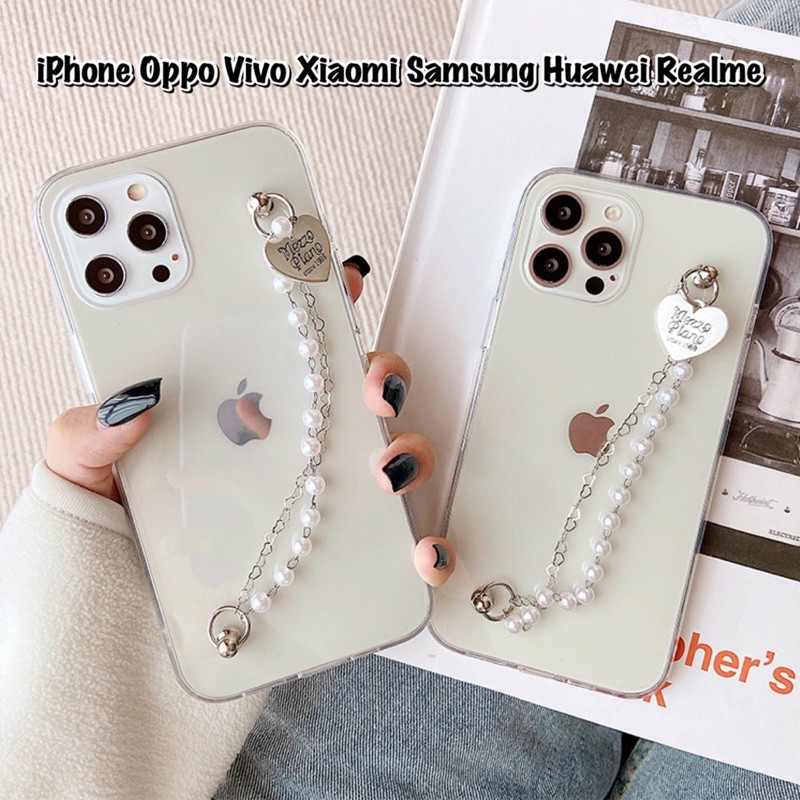 Grip Case Chain Metal Silver with Pearl ALL PHONE TYPES Oppo Reno 5 5f 4 4f Vivo Y51A V21 V20 Y12 SE