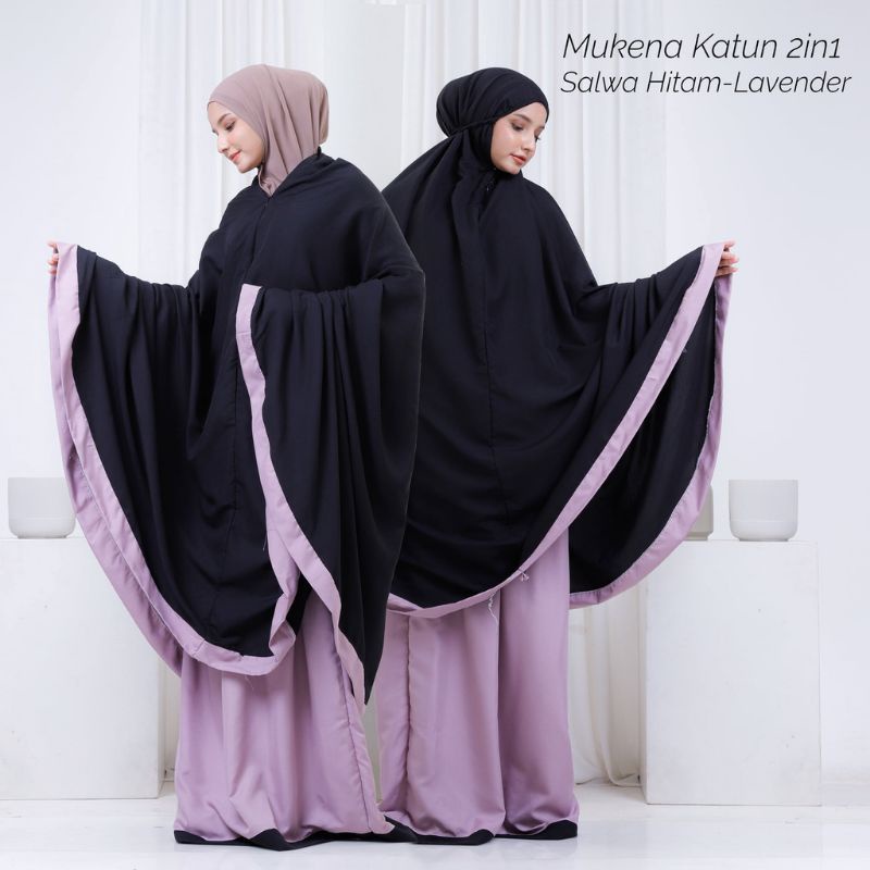 Nanoy Official - Mukenah Dewasa Katun Mikro 2in1 Polos Kombinasi Warna Hitam Lavender