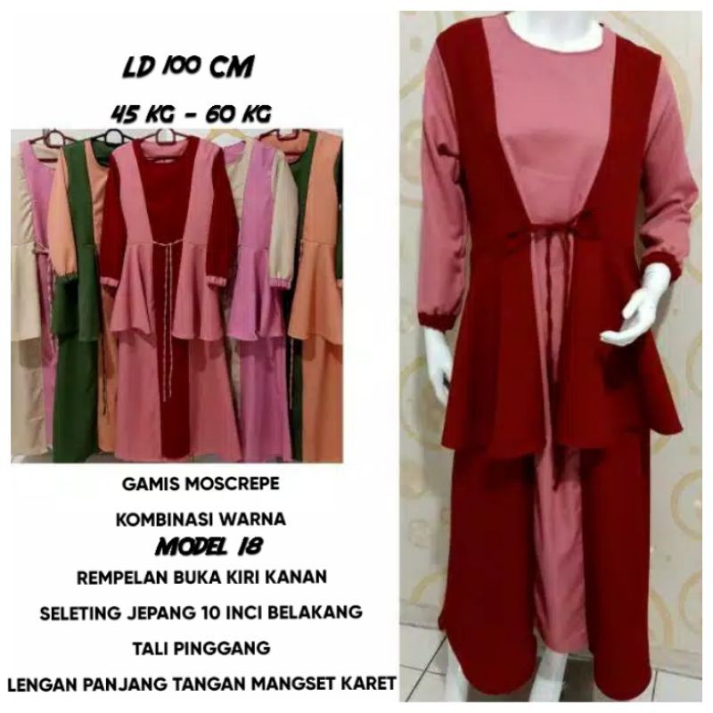 baju gamis katun dan moscrepe kombinasi warna lengan panjang variasi rempelan tali pinggang seleting