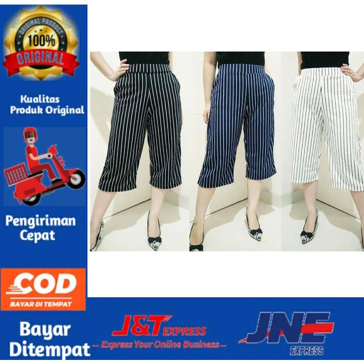 Celana kulot pendek dewasa wanita motif salur bahan wafle strech terlaris