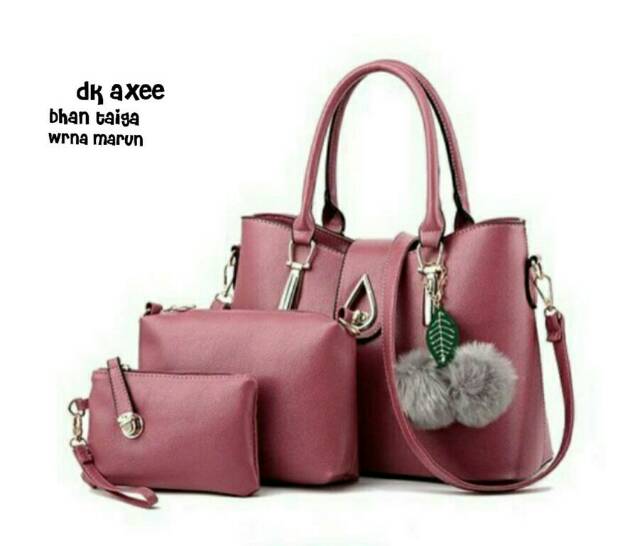Fashion handbag 3in1 airbesar free pompom murah / tas wanita